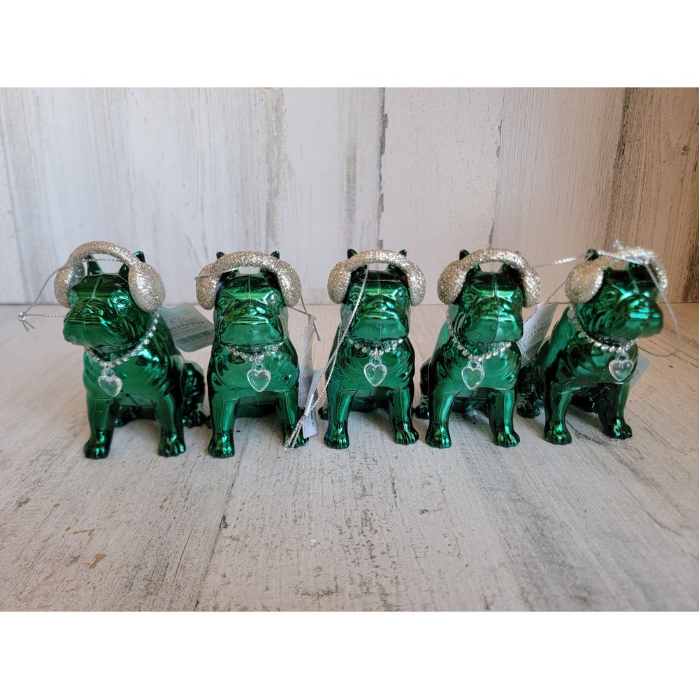Wonder‎ shop green dog bulldog earmuff puppy ornament Xmas set glitter